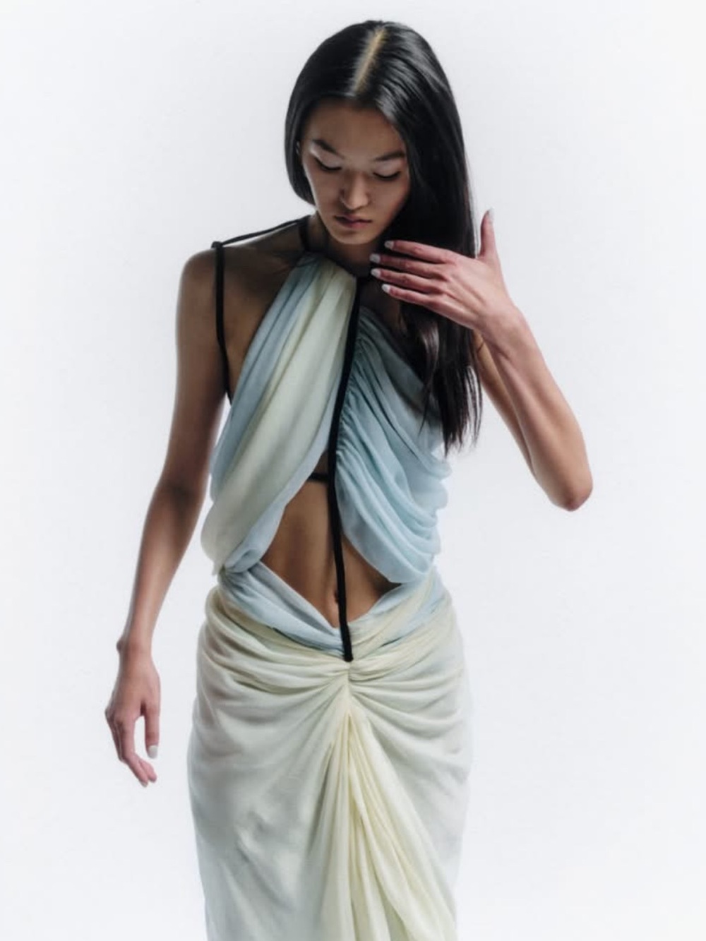 Christopher Esber Pale Blue and Cream Draped Midi Dress